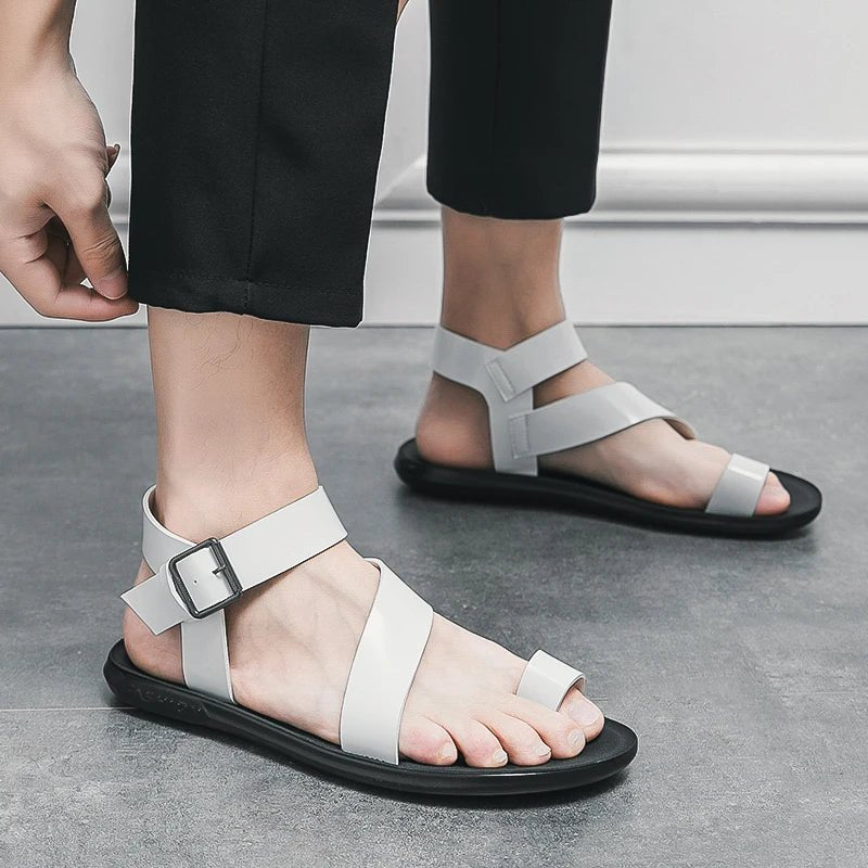 Summer New Men Gladiators Belt Buckle Leather Casual Shoes Breathable Beach Sandals Outdoor Slippers Black White Plus Size 38 - 45 - Xlam