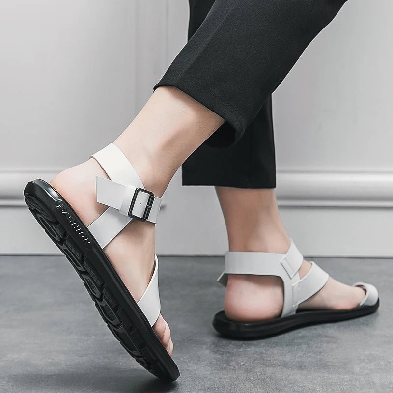 Summer New Men Gladiators Belt Buckle Leather Casual Shoes Breathable Beach Sandals Outdoor Slippers Black White Plus Size 38 - 45 - Xlam