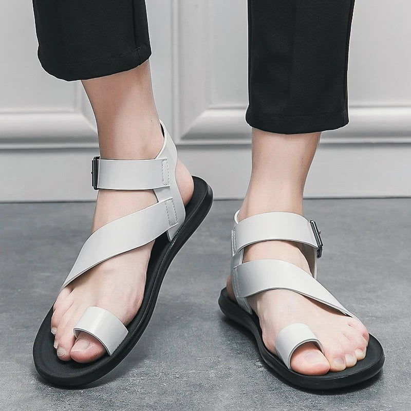 Summer New Men Gladiators Belt Buckle Leather Casual Shoes Breathable Beach Sandals Outdoor Slippers Black White Plus Size 38 - 45 - Xlam