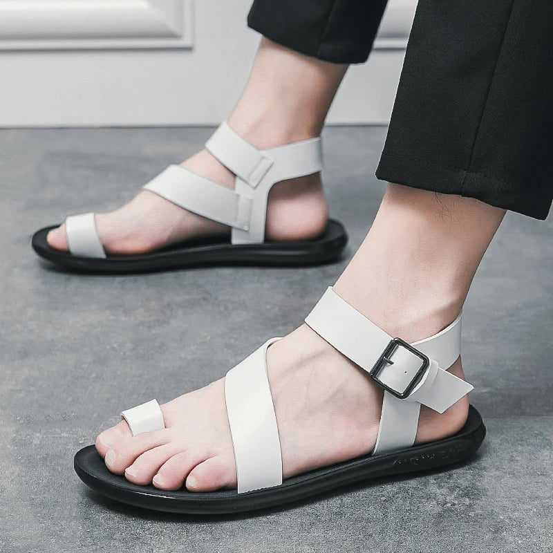 Summer New Men Gladiators Belt Buckle Leather Casual Shoes Breathable Beach Sandals Outdoor Slippers Black White Plus Size 38 - 45 - Xlam
