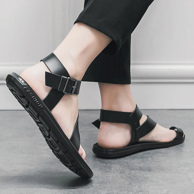 Summer New Men Gladiators Belt Buckle Leather Casual Shoes Breathable Beach Sandals Outdoor Slippers Black White Plus Size 38 - 45 - Xlam