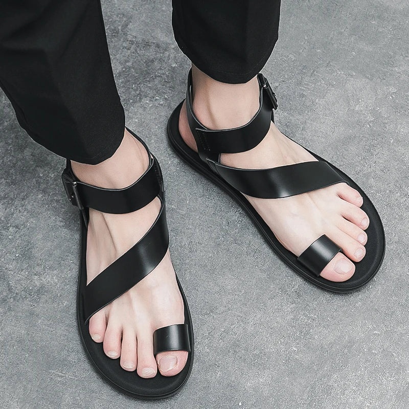 Summer New Men Gladiators Belt Buckle Leather Casual Shoes Breathable Beach Sandals Outdoor Slippers Black White Plus Size 38 - 45 - Xlam