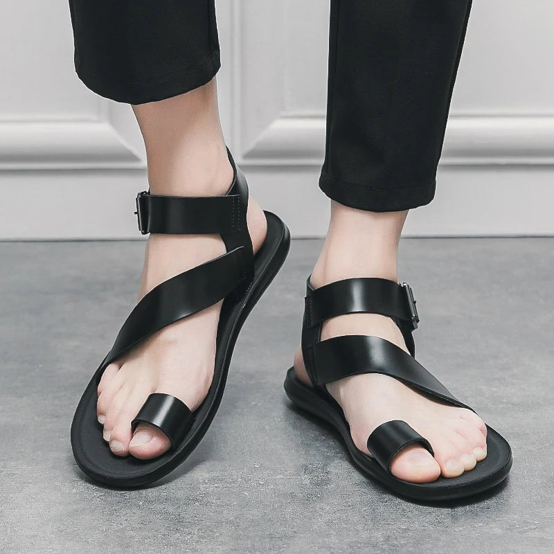 Summer New Men Gladiators Belt Buckle Leather Casual Shoes Breathable Beach Sandals Outdoor Slippers Black White Plus Size 38 - 45 - Xlam
