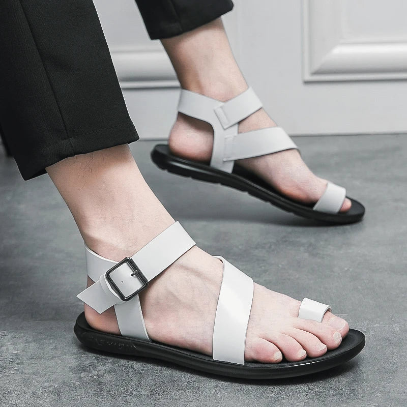 Summer New Men Gladiators Belt Buckle Leather Casual Shoes Breathable Beach Sandals Outdoor Slippers Black White Plus Size 38 - 45 - Xlam