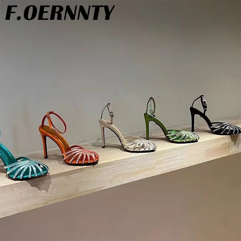 Summer New Rhinestone Closed Toe Runway Sandals Women Weave Hollow Stiletto Sandals Sexy Ankle Strap Crystal Sandals Women - Xlam