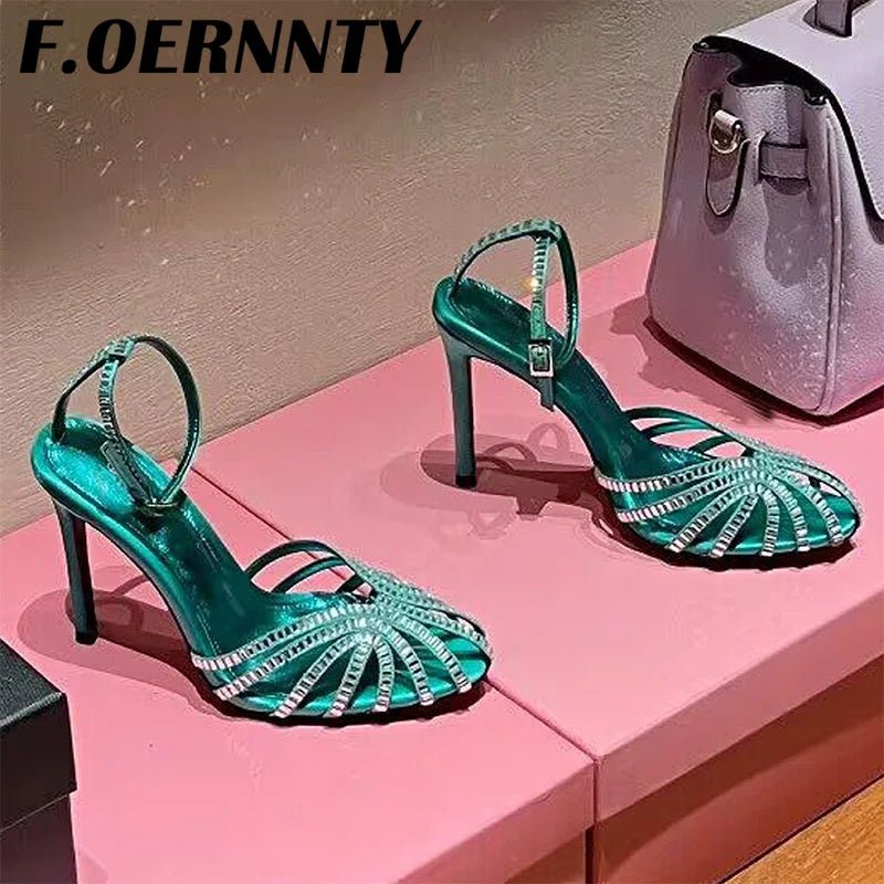 Summer New Rhinestone Closed Toe Runway Sandals Women Weave Hollow Stiletto Sandals Sexy Ankle Strap Crystal Sandals Women - Xlam