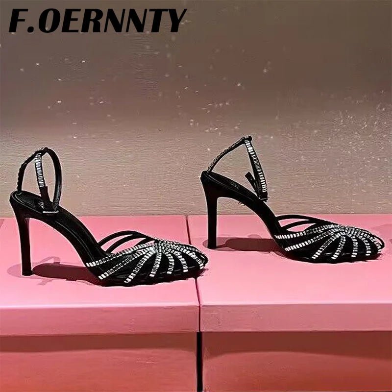 Summer New Rhinestone Closed Toe Runway Sandals Women Weave Hollow Stiletto Sandals Sexy Ankle Strap Crystal Sandals Women - Xlam