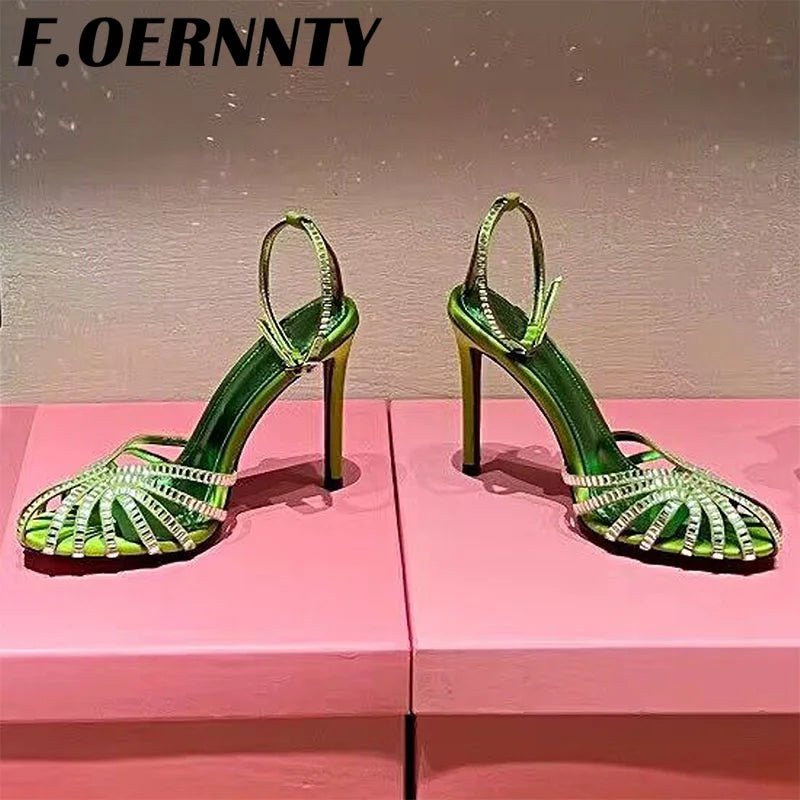 Summer New Rhinestone Closed Toe Runway Sandals Women Weave Hollow Stiletto Sandals Sexy Ankle Strap Crystal Sandals Women - Xlam