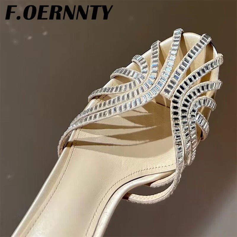 Summer New Rhinestone Closed Toe Runway Sandals Women Weave Hollow Stiletto Sandals Sexy Ankle Strap Crystal Sandals Women - Xlam