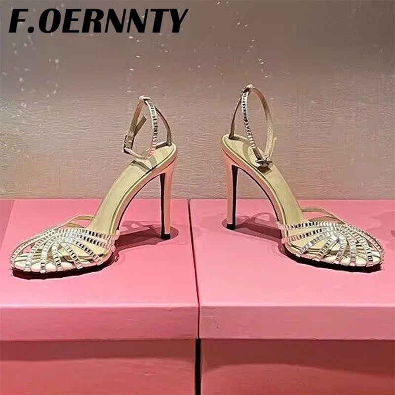 Summer New Rhinestone Closed Toe Runway Sandals Women Weave Hollow Stiletto Sandals Sexy Ankle Strap Crystal Sandals Women - Xlam
