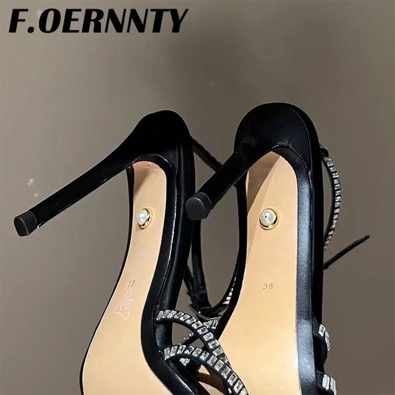 Summer New Rhinestone Closed Toe Runway Sandals Women Weave Hollow Stiletto Sandals Sexy Ankle Strap Crystal Sandals Women - Xlam