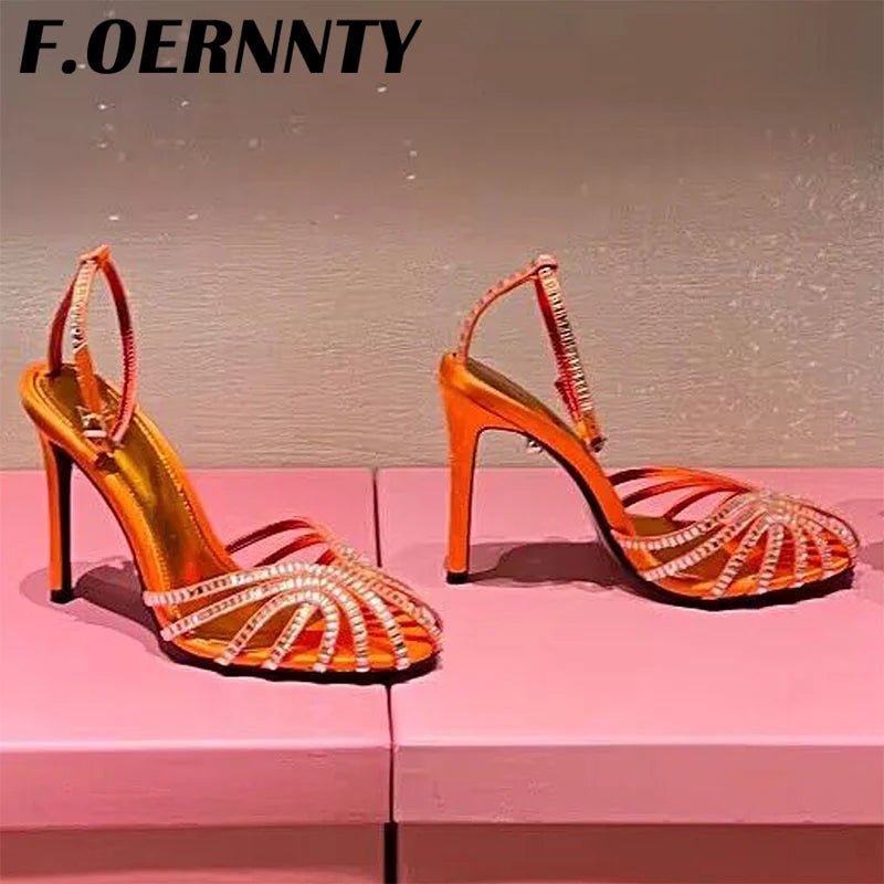Summer New Rhinestone Closed Toe Runway Sandals Women Weave Hollow Stiletto Sandals Sexy Ankle Strap Crystal Sandals Women - Xlam