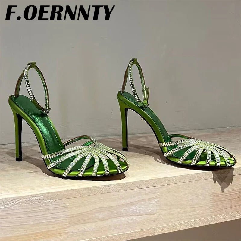 Summer New Rhinestone Closed Toe Runway Sandals Women Weave Hollow Stiletto Sandals Sexy Ankle Strap Crystal Sandals Women - Xlam