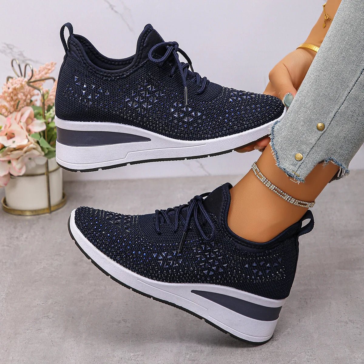Women's Sneakers Shiny Rhinestone Wedge Breathable Knit Non Slip Walking Shoes Woman Plus Size Fashion Thick Sole White Sneaker - Xlam