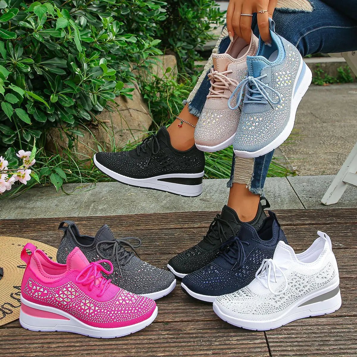 Women's Sneakers Shiny Rhinestone Wedge Breathable Knit Non Slip Walking Shoes Woman Plus Size Fashion Thick Sole White Sneaker - Xlam
