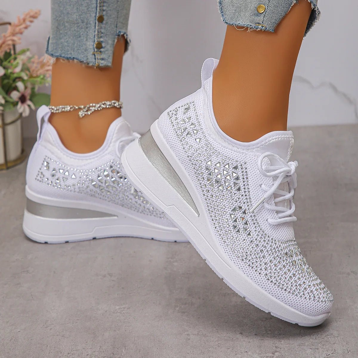 Women's Sneakers Shiny Rhinestone Wedge Breathable Knit Non Slip Walking Shoes Woman Plus Size Fashion Thick Sole White Sneaker - Xlam