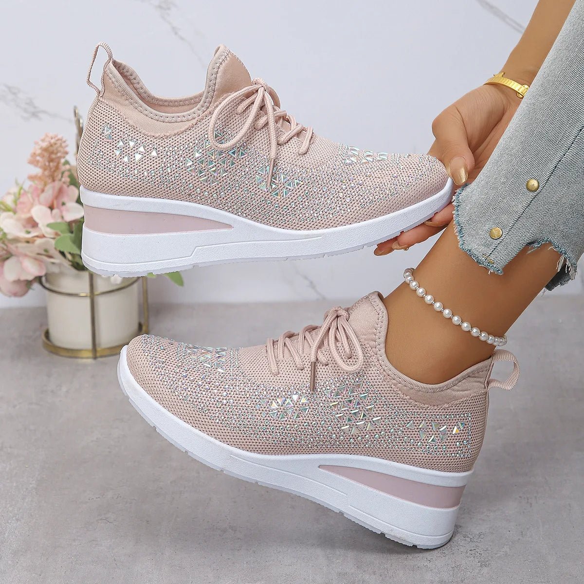 Women's Sneakers Shiny Rhinestone Wedge Breathable Knit Non Slip Walking Shoes Woman Plus Size Fashion Thick Sole White Sneaker - Xlam