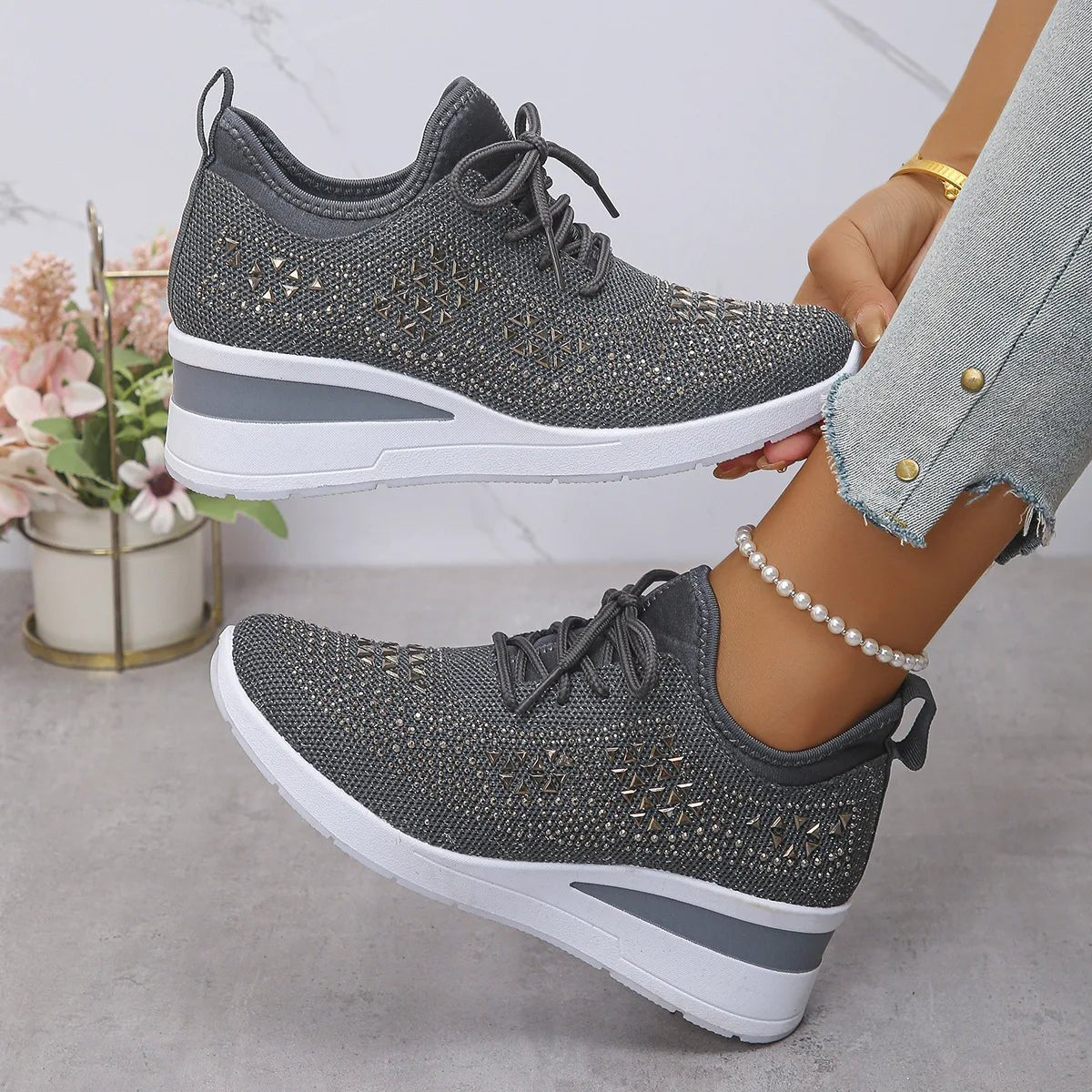 Women's Sneakers Shiny Rhinestone Wedge Breathable Knit Non Slip Walking Shoes Woman Plus Size Fashion Thick Sole White Sneaker - Xlam