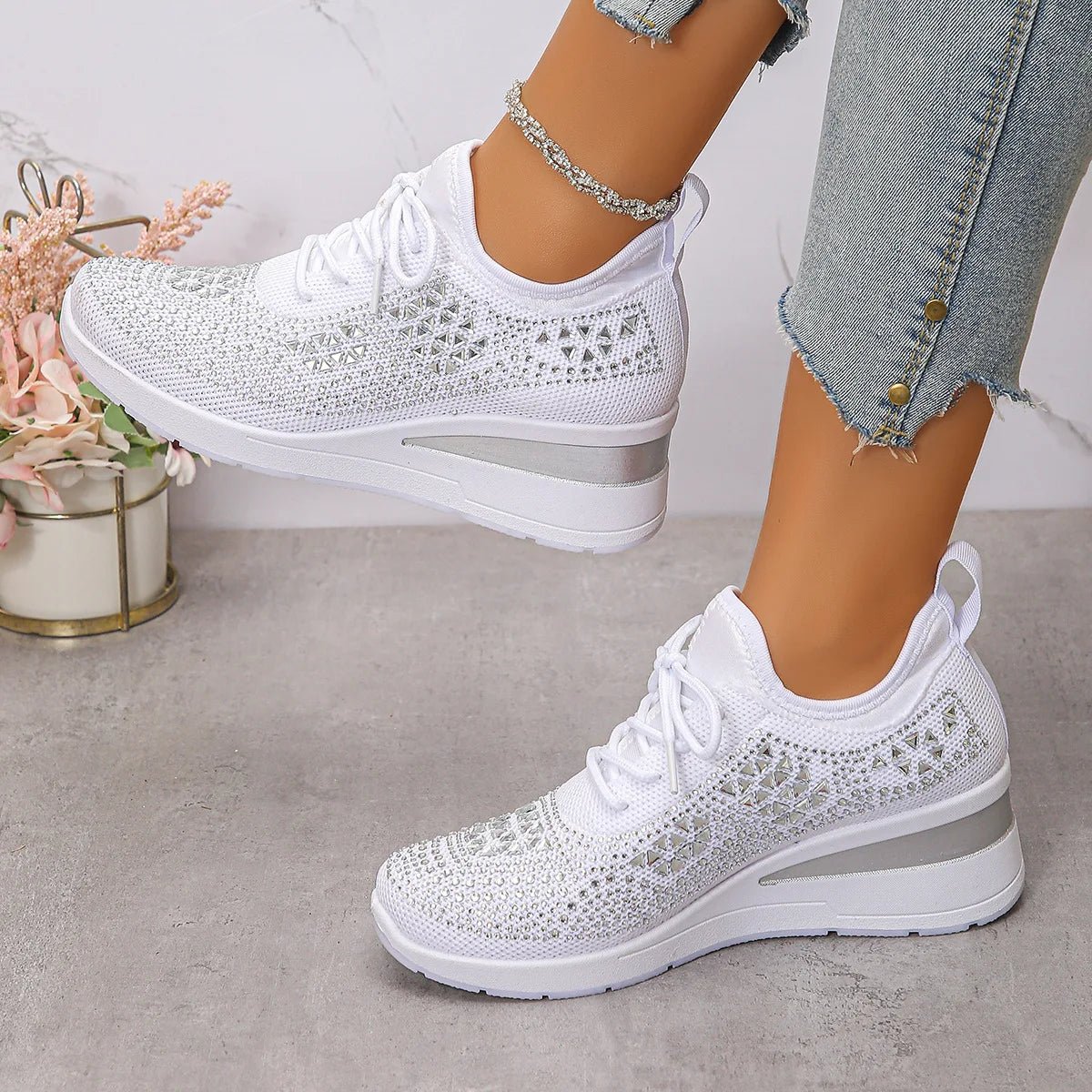 Women's Sneakers Shiny Rhinestone Wedge Breathable Knit Non Slip Walking Shoes Woman Plus Size Fashion Thick Sole White Sneaker - Xlam