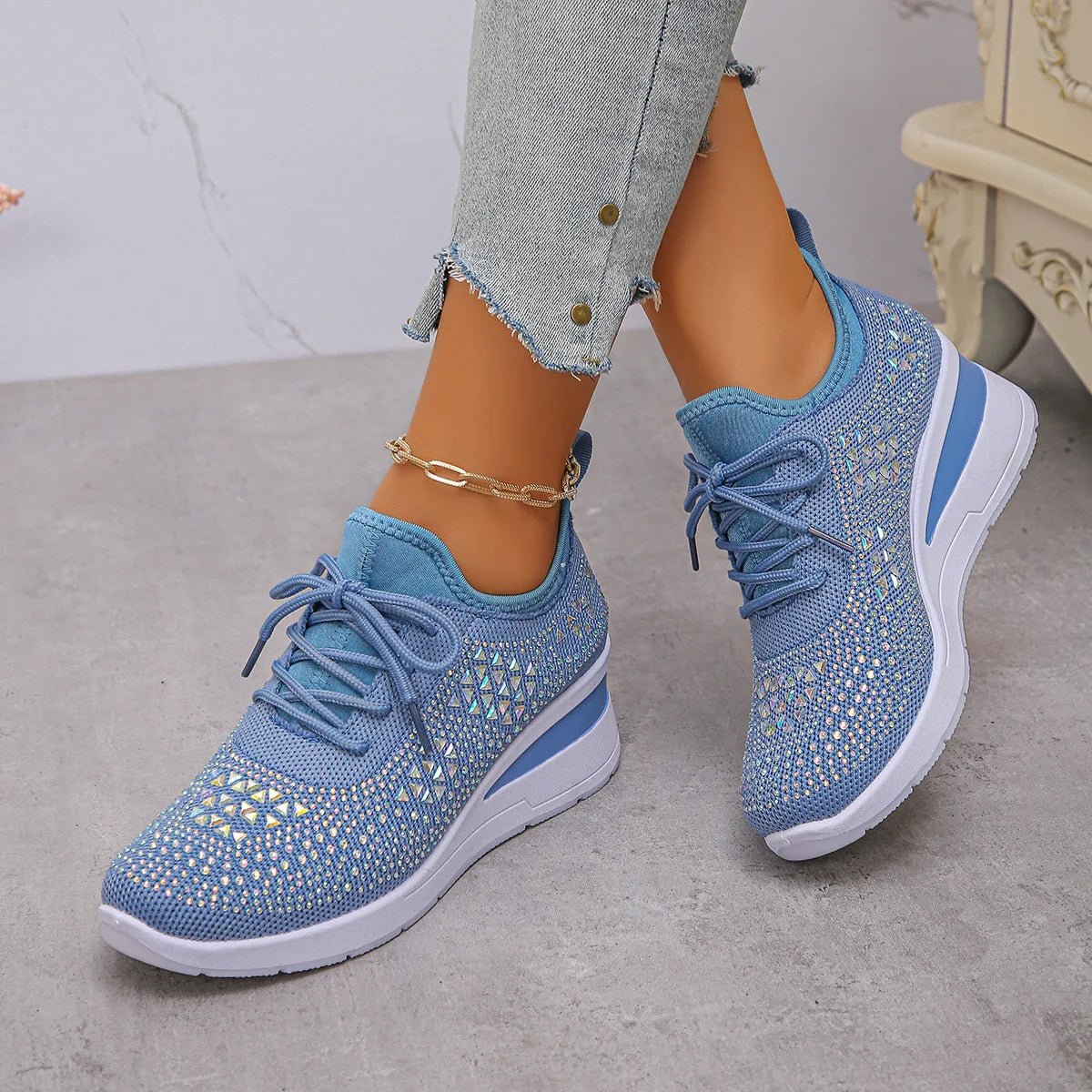 Women's Sneakers Shiny Rhinestone Wedge Breathable Knit Non Slip Walking Shoes Woman Plus Size Fashion Thick Sole White Sneaker - Xlam