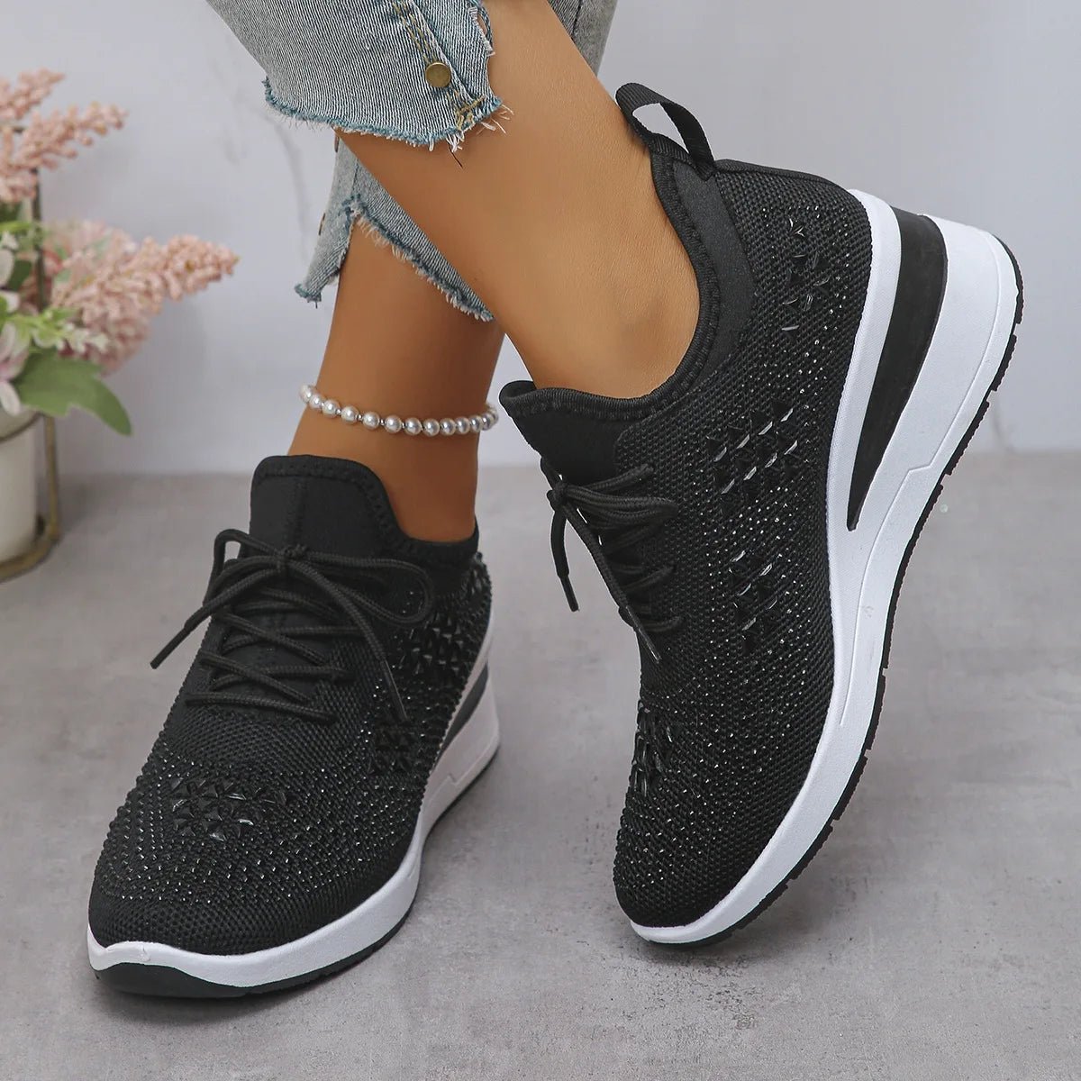 Women's Sneakers Shiny Rhinestone Wedge Breathable Knit Non Slip Walking Shoes Woman Plus Size Fashion Thick Sole White Sneaker - Xlam