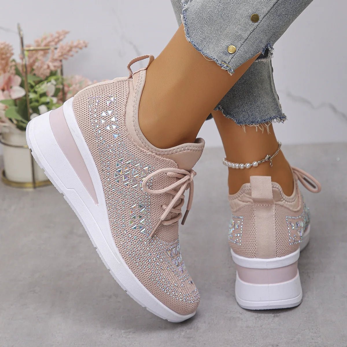 Women's Sneakers Shiny Rhinestone Wedge Breathable Knit Non Slip Walking Shoes Woman Plus Size Fashion Thick Sole White Sneaker - Xlam