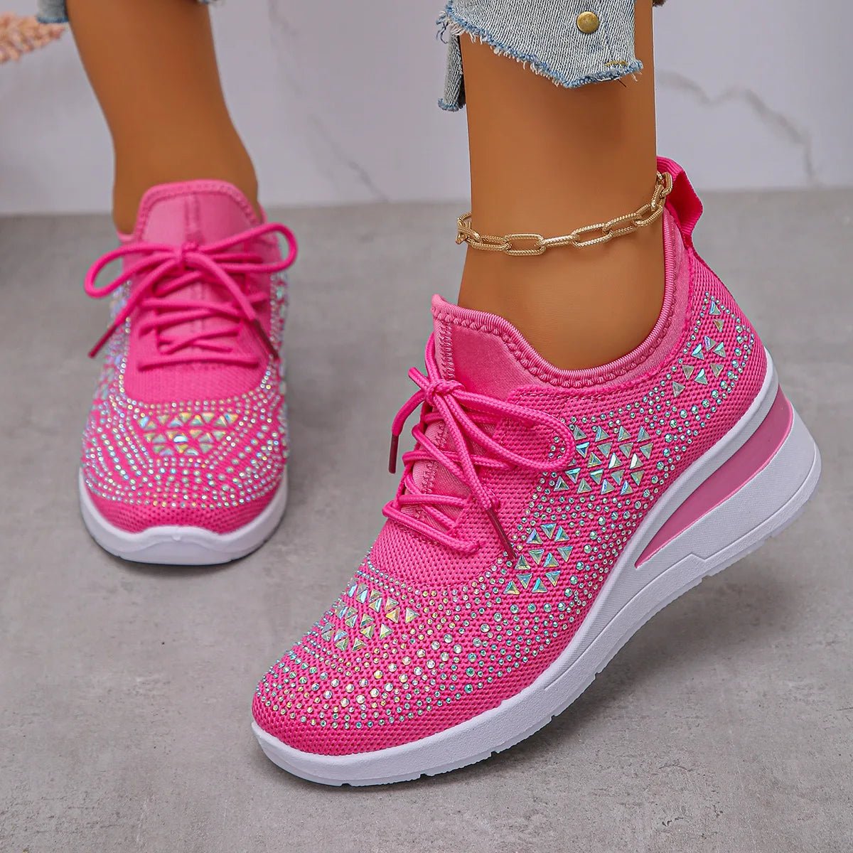 Women's Sneakers Shiny Rhinestone Wedge Breathable Knit Non Slip Walking Shoes Woman Plus Size Fashion Thick Sole White Sneaker - Xlam
