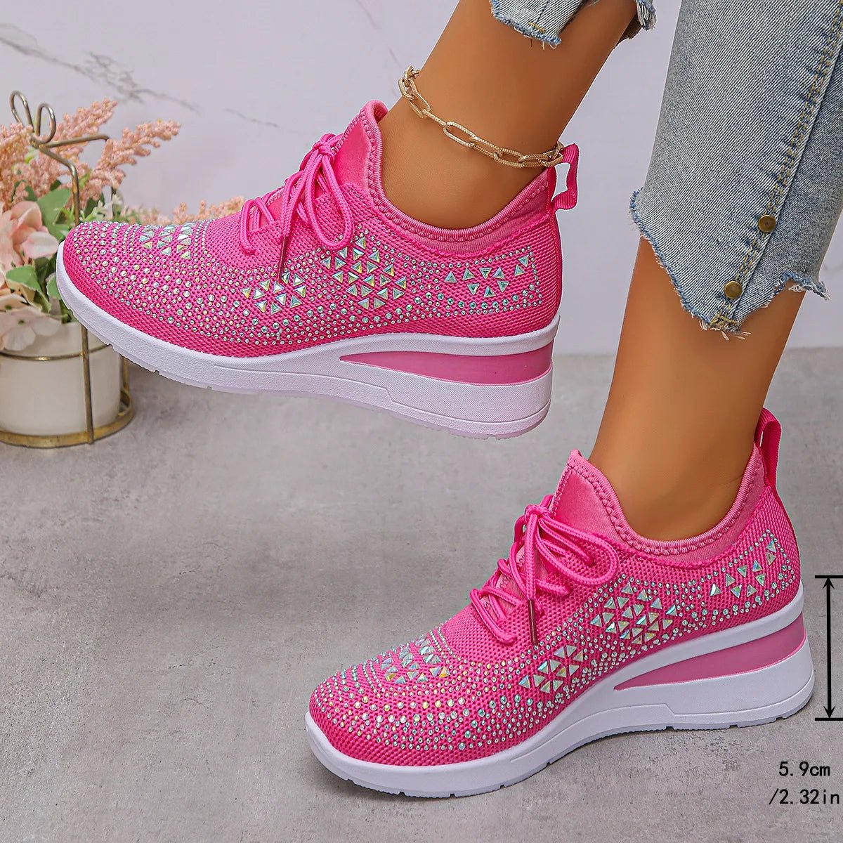 Women's Sneakers Shiny Rhinestone Wedge Breathable Knit Non Slip Walking Shoes Woman Plus Size Fashion Thick Sole White Sneaker - Xlam
