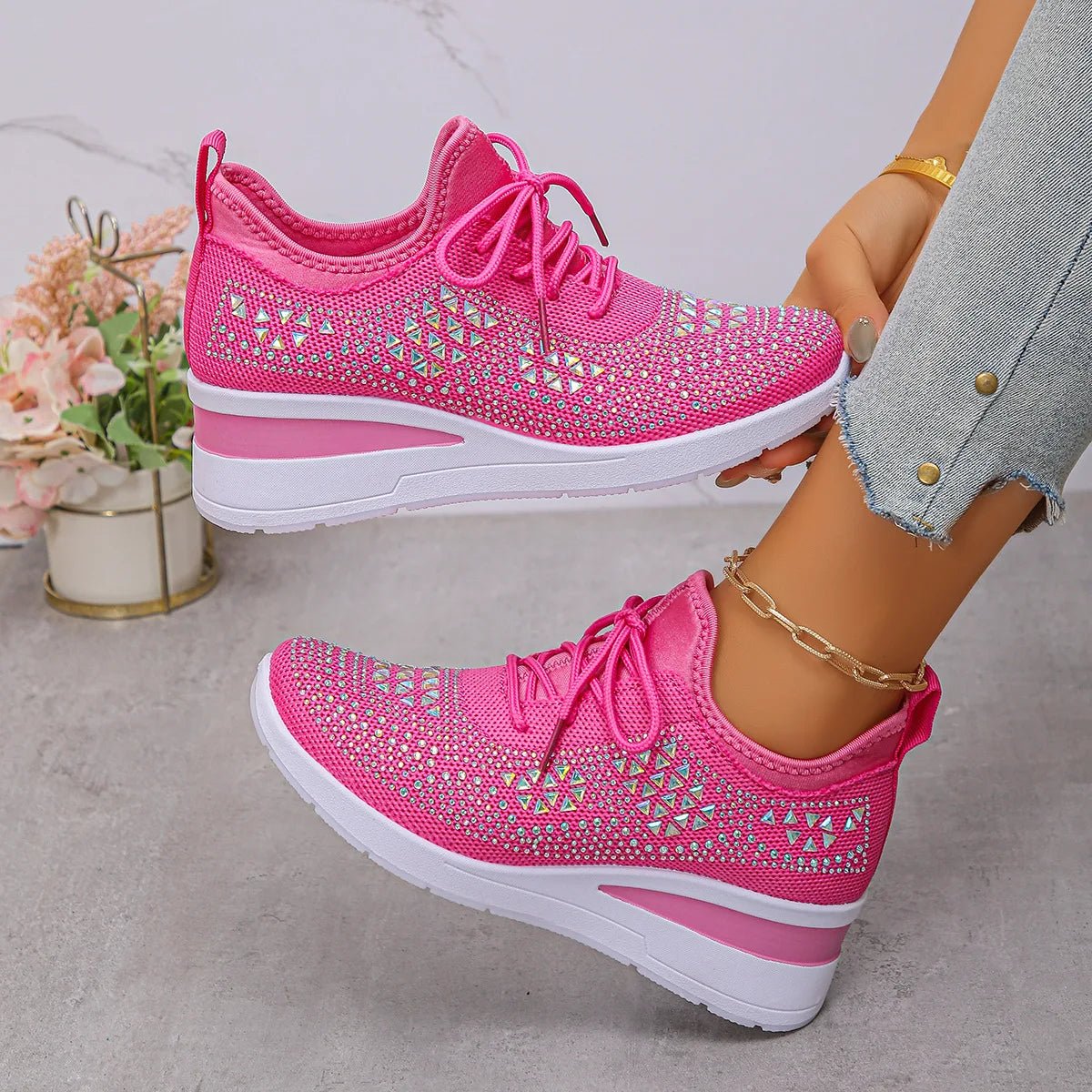 Women's Sneakers Shiny Rhinestone Wedge Breathable Knit Non Slip Walking Shoes Woman Plus Size Fashion Thick Sole White Sneaker - Xlam