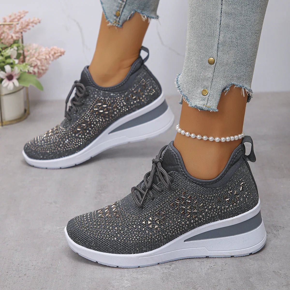 Women's Sneakers Shiny Rhinestone Wedge Breathable Knit Non Slip Walking Shoes Woman Plus Size Fashion Thick Sole White Sneaker - Xlam