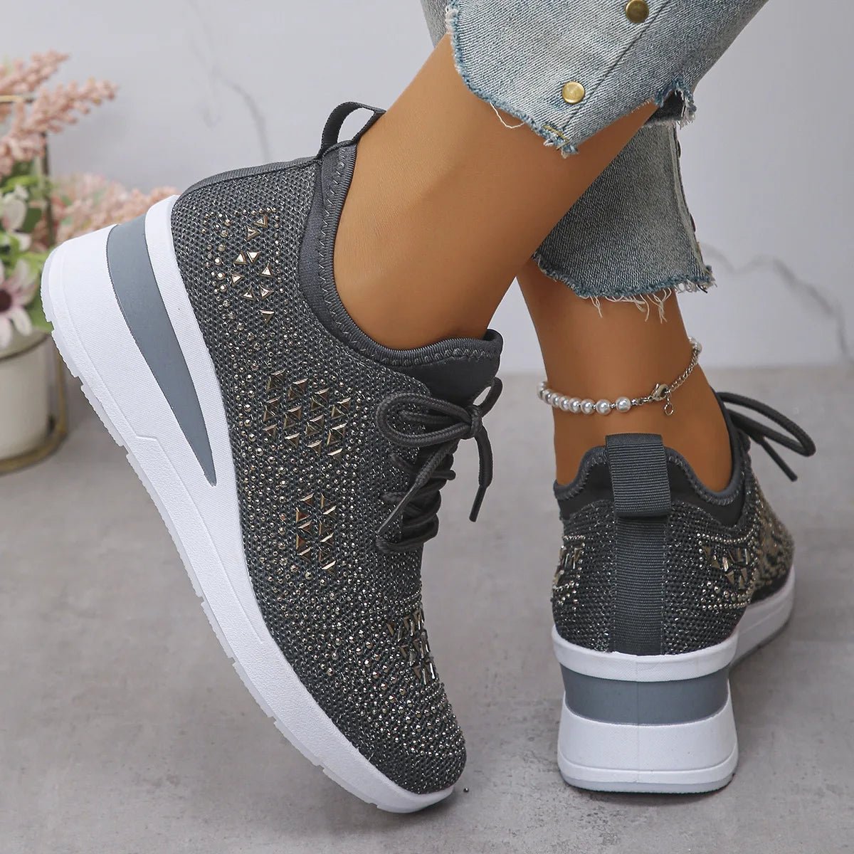 Women's Sneakers Shiny Rhinestone Wedge Breathable Knit Non Slip Walking Shoes Woman Plus Size Fashion Thick Sole White Sneaker - Xlam