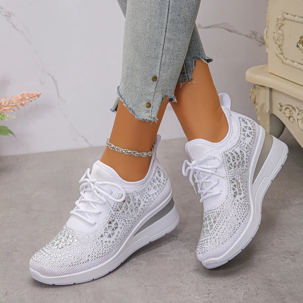 Women's Sneakers Shiny Rhinestone Wedge Breathable Knit Non Slip Walking Shoes Woman Plus Size Fashion Thick Sole White Sneaker - Xlam