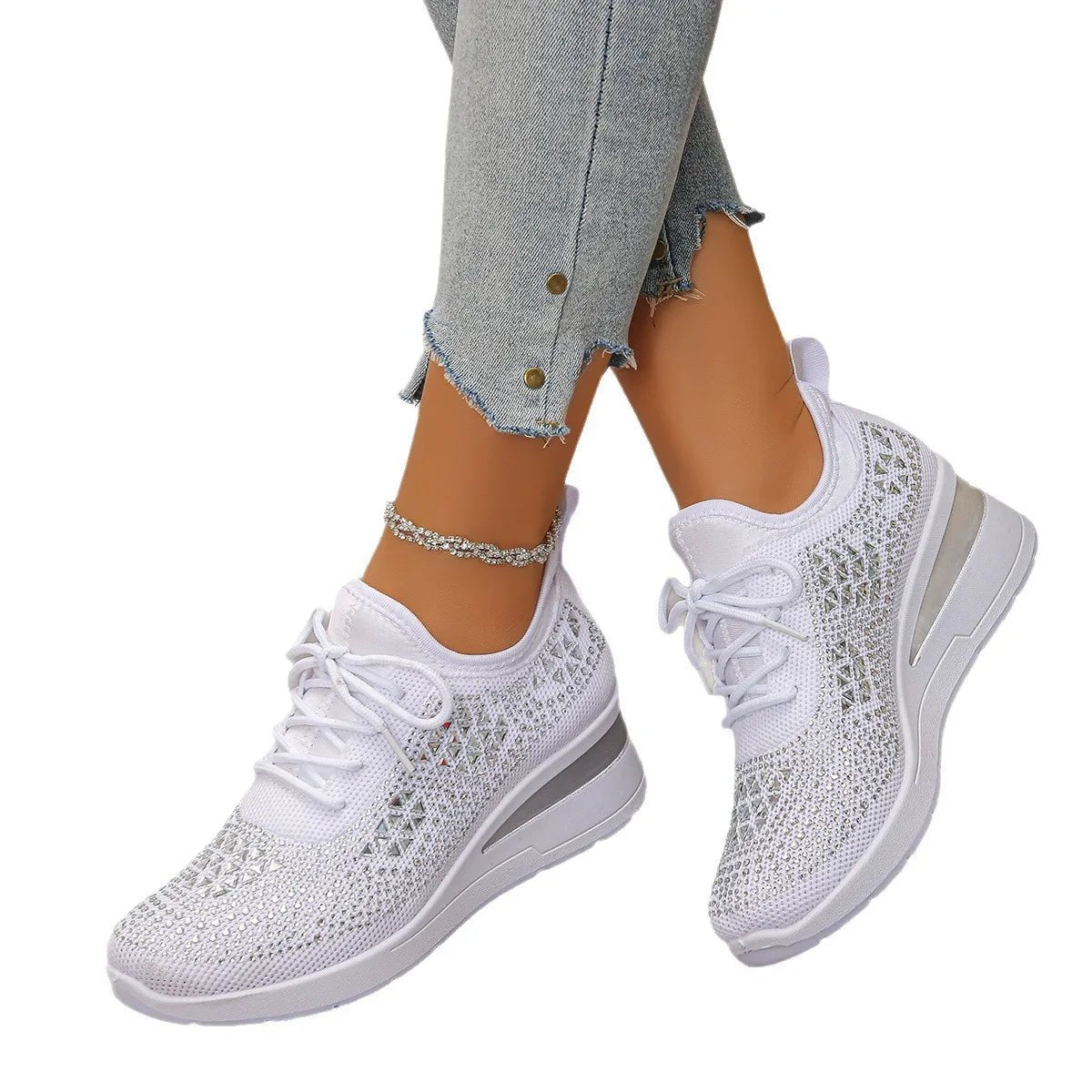 Women's Sneakers Shiny Rhinestone Wedge Breathable Knit Non Slip Walking Shoes Woman Plus Size Fashion Thick Sole White Sneaker - Xlam