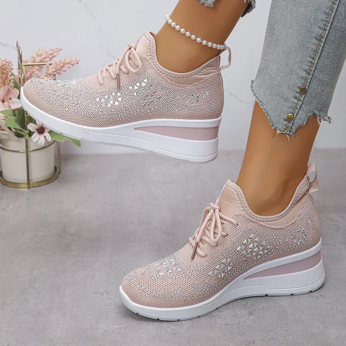 Women's Sneakers Shiny Rhinestone Wedge Breathable Knit Non Slip Walking Shoes Woman Plus Size Fashion Thick Sole White Sneaker - Xlam