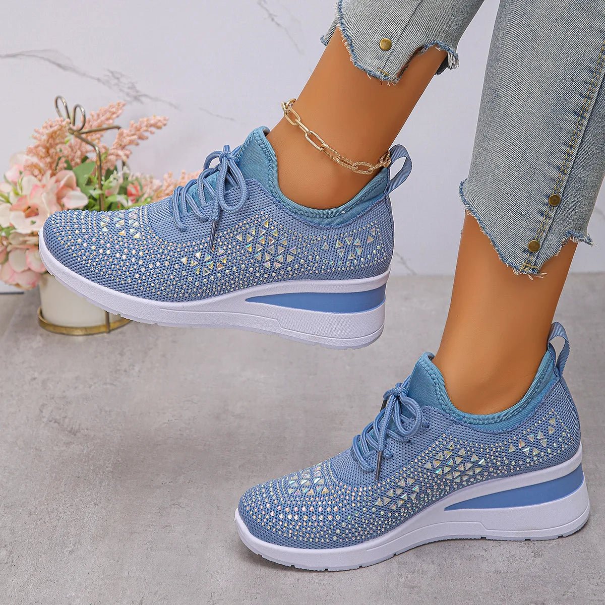 Women's Sneakers Shiny Rhinestone Wedge Breathable Knit Non Slip Walking Shoes Woman Plus Size Fashion Thick Sole White Sneaker - Xlam