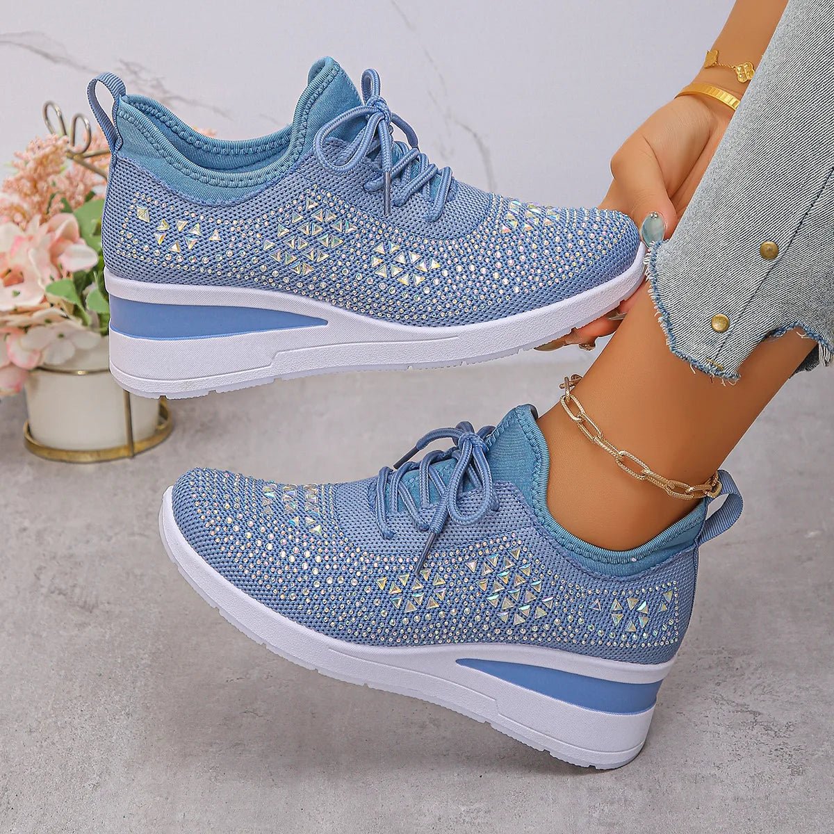 Women's Sneakers Shiny Rhinestone Wedge Breathable Knit Non Slip Walking Shoes Woman Plus Size Fashion Thick Sole White Sneaker - Xlam