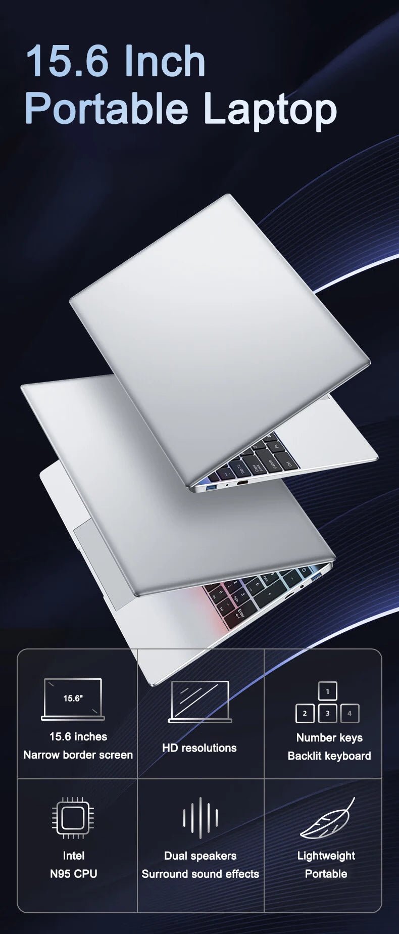 2025 New 15.6" Lightweight Laptop N95 32GB+2048GB FHD IPS Display 7500mAh Battery Backlit Keyboard Fingerprint Unlock - Xlam