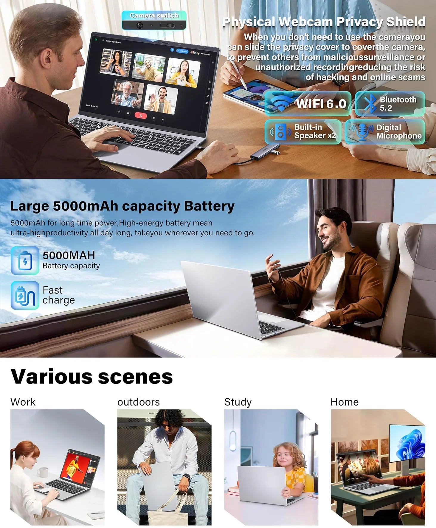 ACEKAMAS 17.3" Laptop Computer Windows 11 Pro Intel N5095 Fingerprint Office Laptops 16GB RAM 1TB SSD Portable Notebook PC Gamer - Xlam