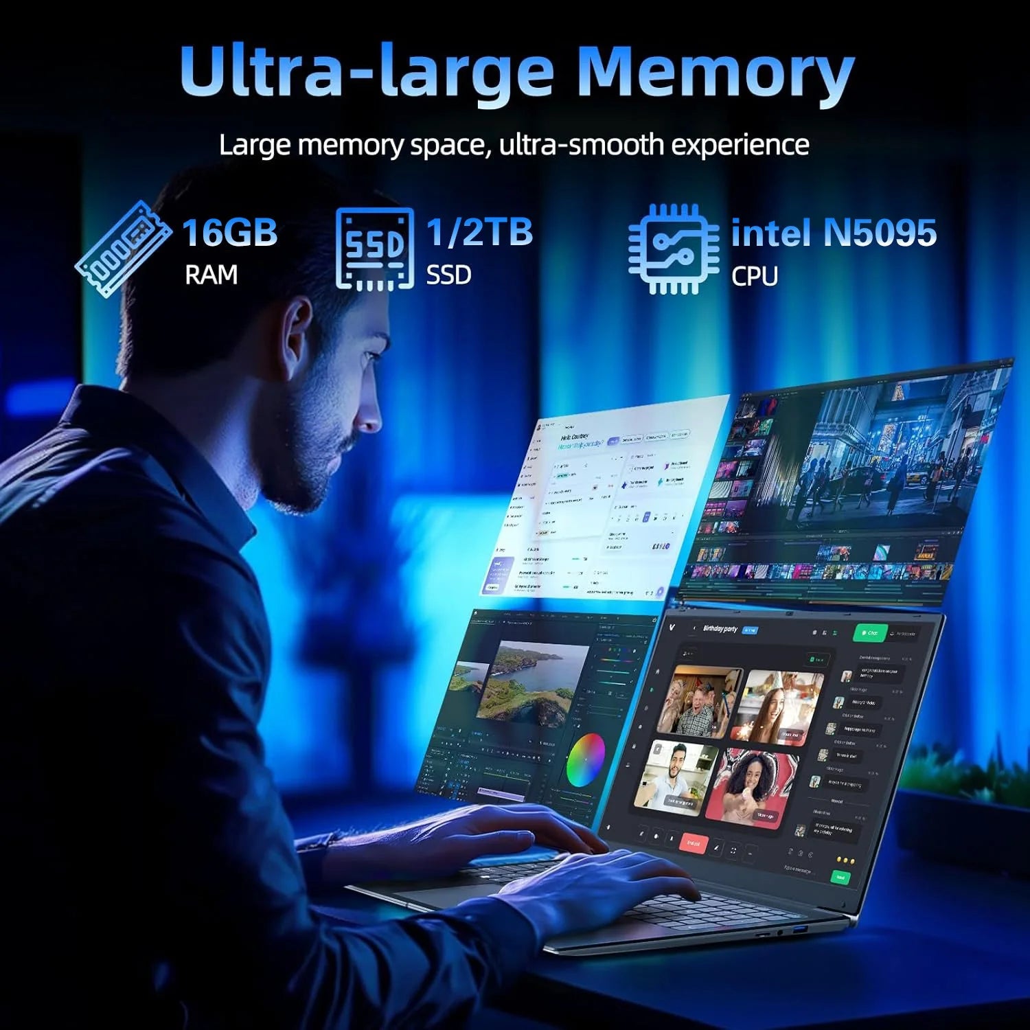 ACEKAMAS 17.3" Laptop Computer Windows 11 Pro Intel N5095 Fingerprint Office Laptops 16GB RAM 1TB SSD Portable Notebook PC Gamer - Xlam