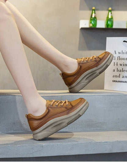 DRKANOL Fashion Women Thick Bottom Casual Sneakers Round Toe Genuine Cow Leather Chunky Platform Lace - Up Lightweight Shoes Lady - Xlam