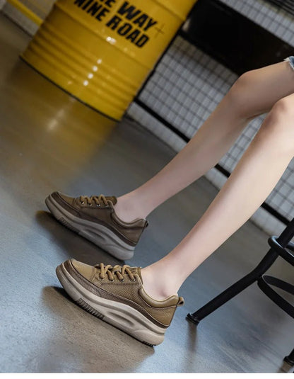 DRKANOL Fashion Women Thick Bottom Casual Sneakers Round Toe Genuine Cow Leather Chunky Platform Lace - Up Lightweight Shoes Lady - Xlam
