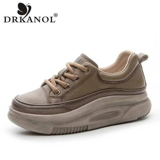DRKANOL Fashion Women Thick Bottom Casual Sneakers Round Toe Genuine Cow Leather Chunky Platform Lace - Up Lightweight Shoes Lady - Xlam