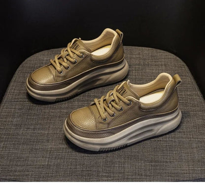 DRKANOL Fashion Women Thick Bottom Casual Sneakers Round Toe Genuine Cow Leather Chunky Platform Lace - Up Lightweight Shoes Lady - Xlam