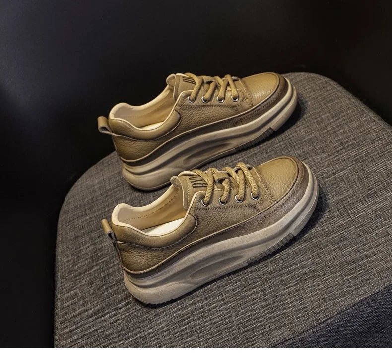 DRKANOL Fashion Women Thick Bottom Casual Sneakers Round Toe Genuine Cow Leather Chunky Platform Lace - Up Lightweight Shoes Lady - Xlam