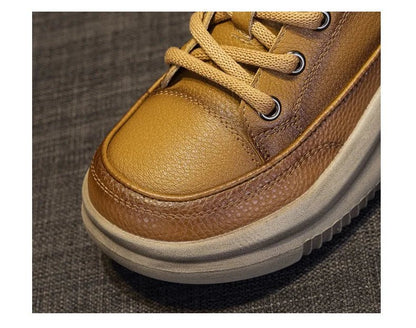 DRKANOL Fashion Women Thick Bottom Casual Sneakers Round Toe Genuine Cow Leather Chunky Platform Lace - Up Lightweight Shoes Lady - Xlam