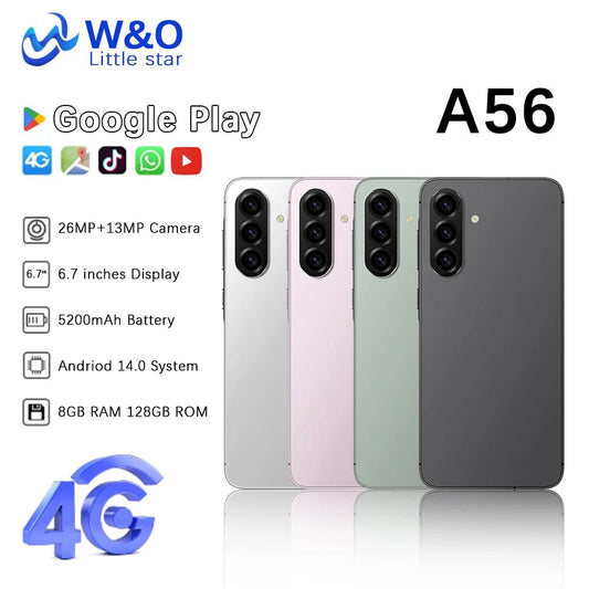 Global Version W&O A56 4G Smartphone Android 14 Dual SIM 6.7 Inch HD+ 8GB+128GB Mobile phone 5200mAh 26MP Camera Cellphone - Xlam
