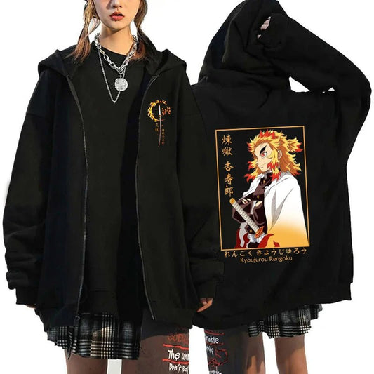 Hot Anime Rengoku Kyoujurou Printing Zipper Coat Clothes Fashion Loose Hoodie Men Women Sweatshirt Zipper Streetwear Hoodies - Xlam