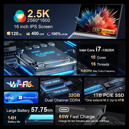Laptop 16 inch 2.5K 120Hz Intel Core i7 - 13620H WiFi 6 32GB RAM 1TB SSD Laptop Windows 11 pro Notebook Office Computer - Xlam