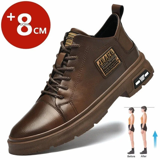 Men Genuine Leather Heightening Shoes Comfort Lace Up Casual Elevator Shoes Commerce Breathable Height Increase Insole 8CM Sport - Xlam