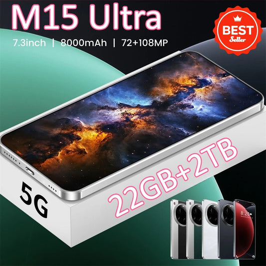New M15 Ultra Original Cellphones 7.3inch Smartphone 4G 5G Dual SIM Mobile Phones Android 14 Global Version 8000mAh Cell Phone - Xlam